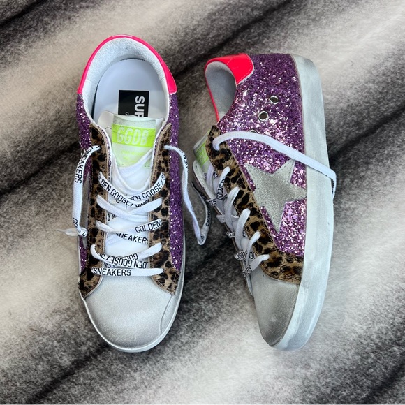 Golden Goose Shoes - Golden Goose Superstar Suede Toe and Star Glitter Pink Ice Fuxia Fluo Sneakers